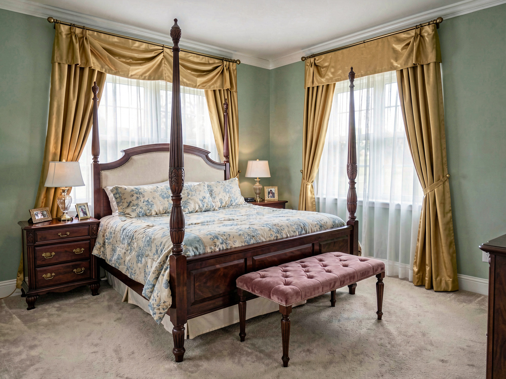 Traditional interior design bedroom with four-poster bed floral bedding and layered curtains