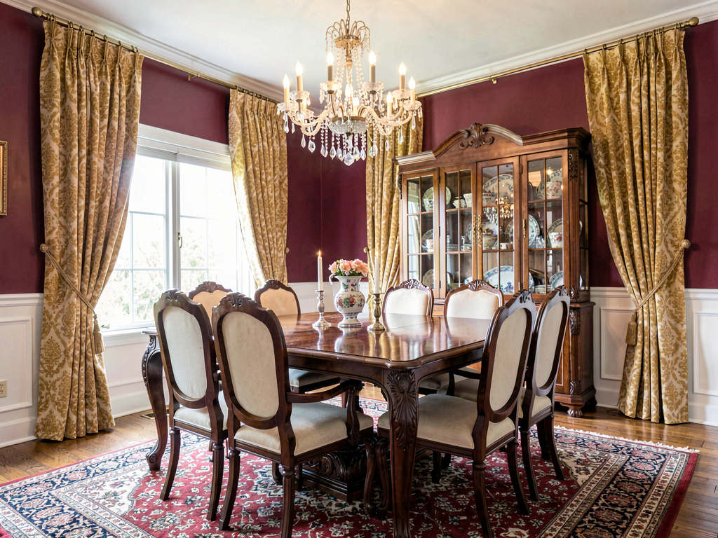 Traditional interior design dining room with mahogany table china cabinet and crystal chandelier