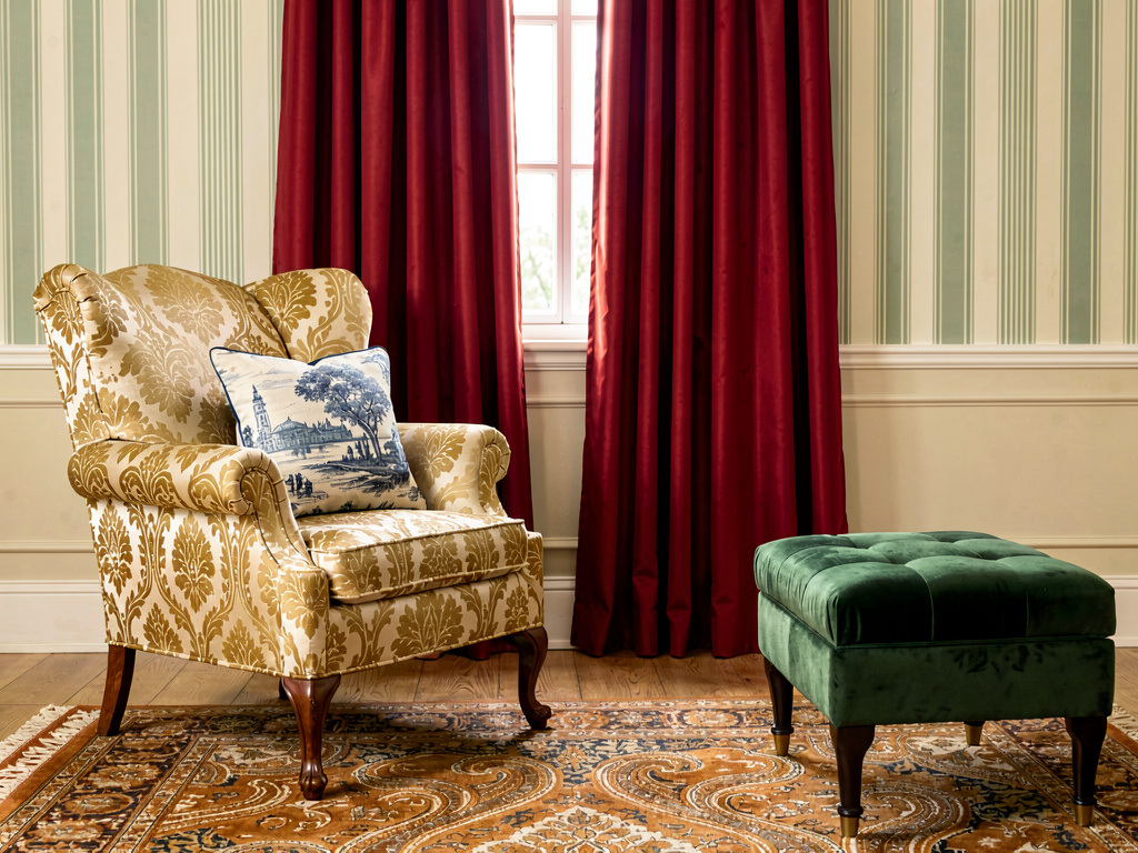 Traditional interior design fabrics and patterns including damask velvet toile and paisley