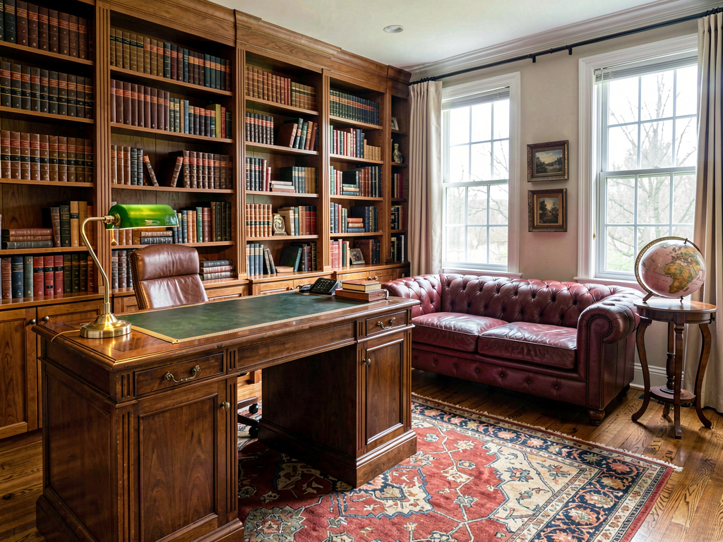 Traditional interior design home office with mahogany bookshelves and leather Chesterfield