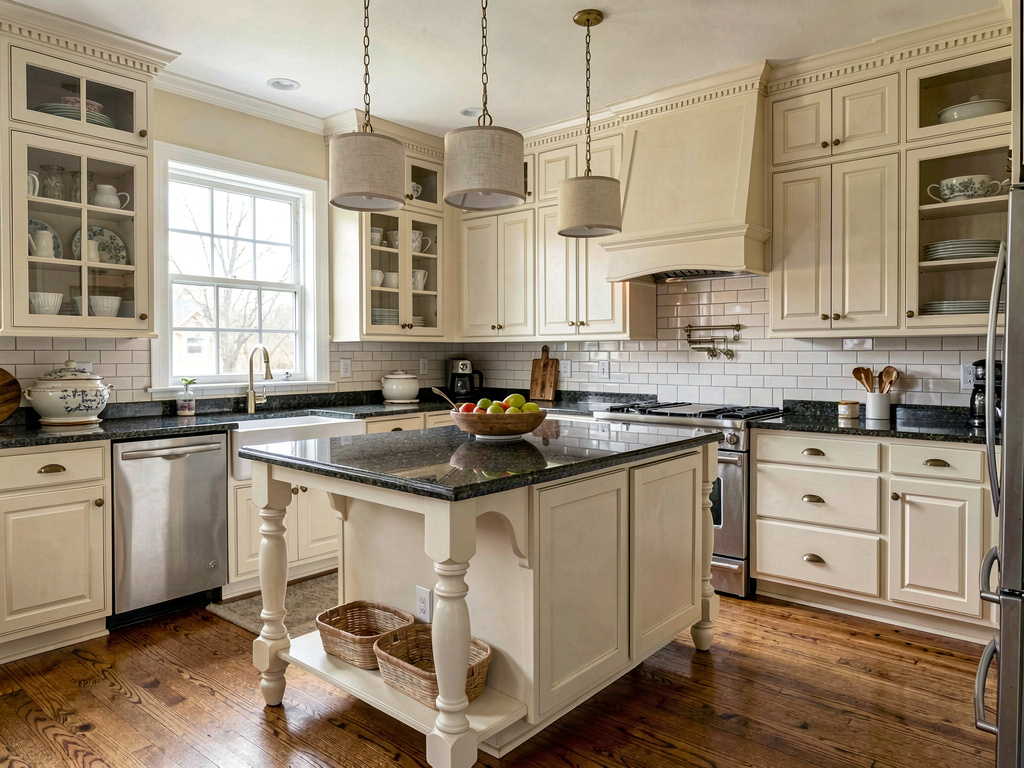 Traditional interior design kitchen with cream raised-panel cabinets and granite island