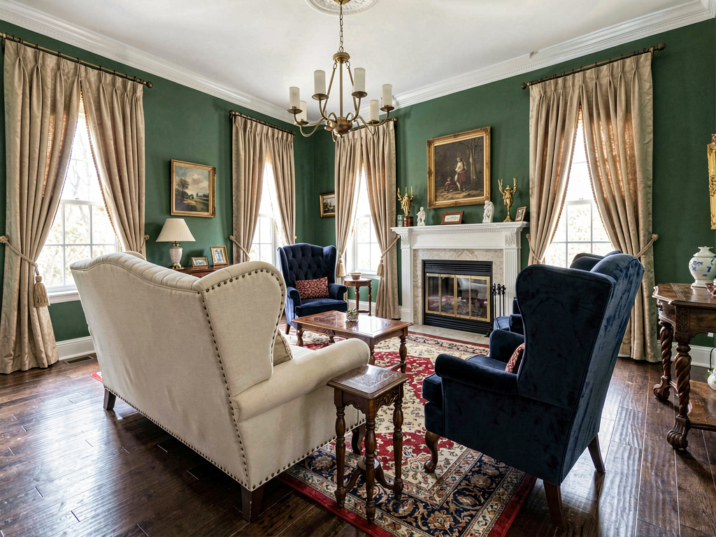 Traditional interior design living room with green walls wingback chairs and oriental rug