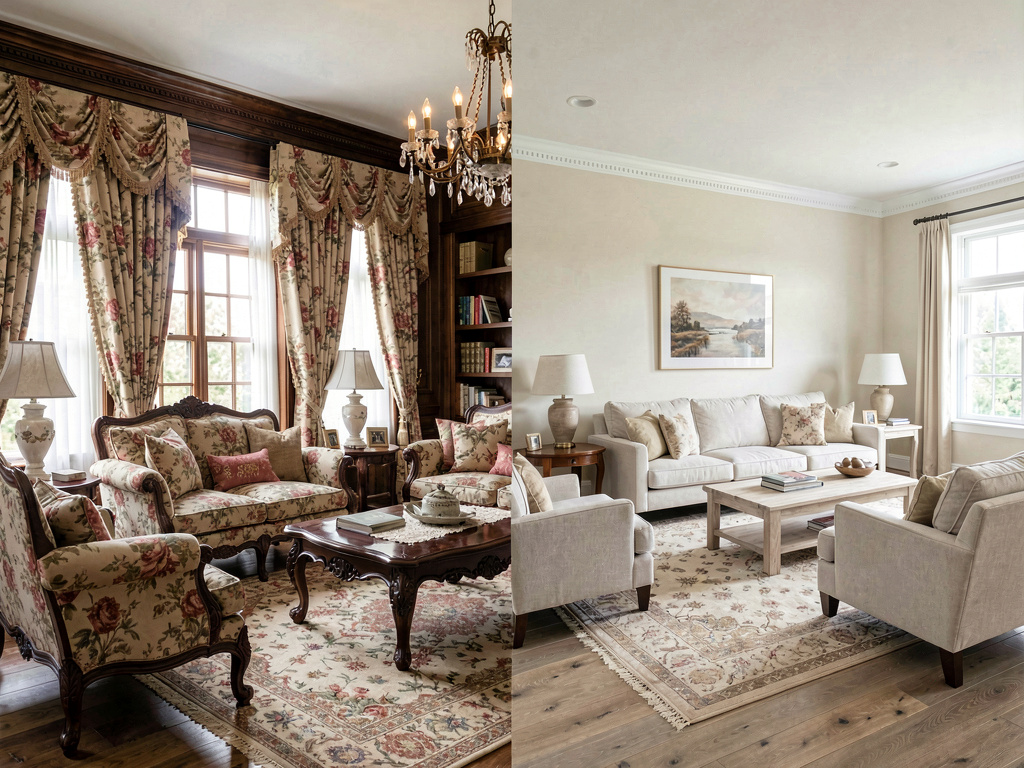 Traditional interior design compared to transitional style side by side