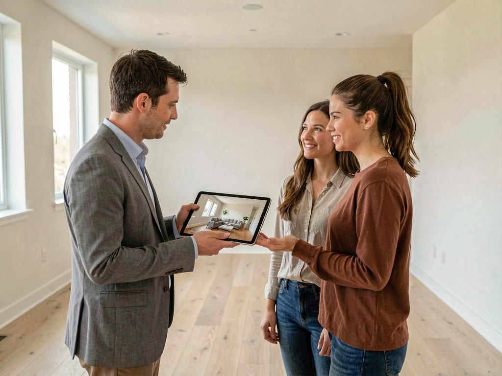 A real estate agent holding a tablet showing a staged listing to a couple in an empty apartment