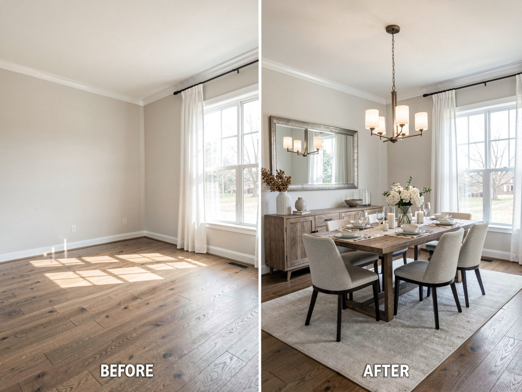A side-by-side before and after of virtual staging in a dining room