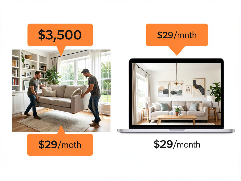 Cost comparison between traditional staging at $3,500 per room and AI virtual staging at $29 per month