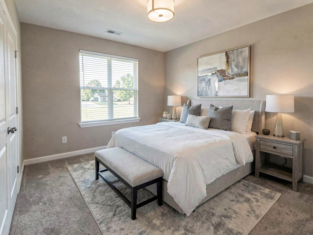 An empty bedroom virtually staged with a queen bed, nightstands, and a soft area rug