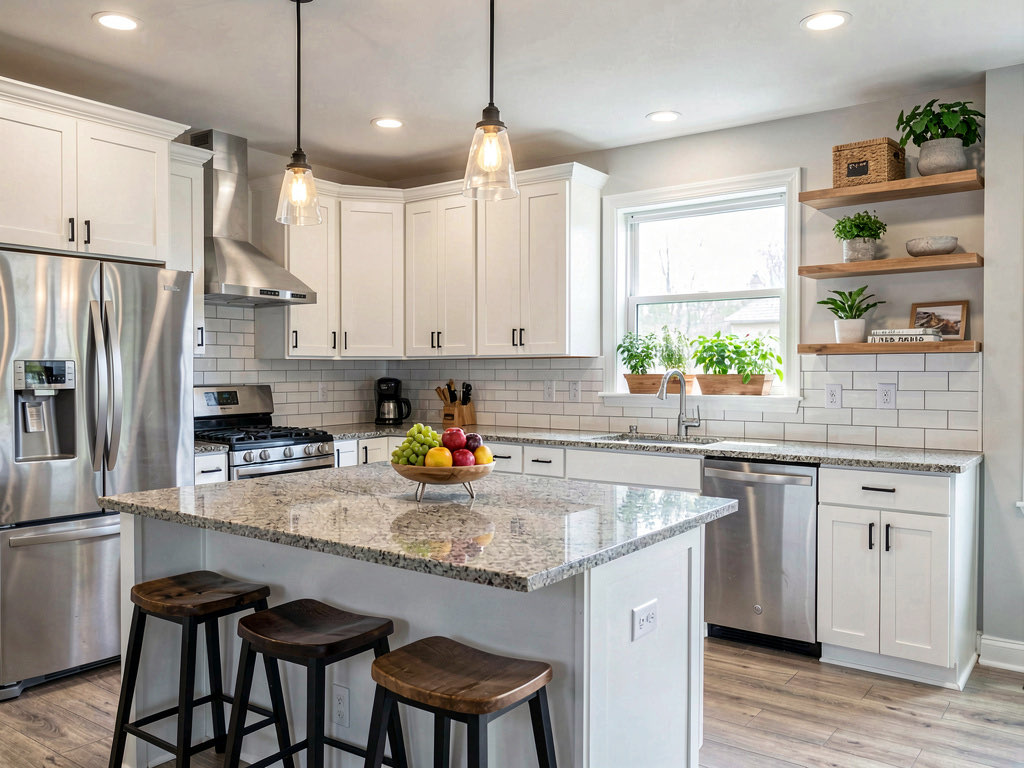 An empty kitchen with white cabinets staged with barstools, pendant lights, and countertop accessories