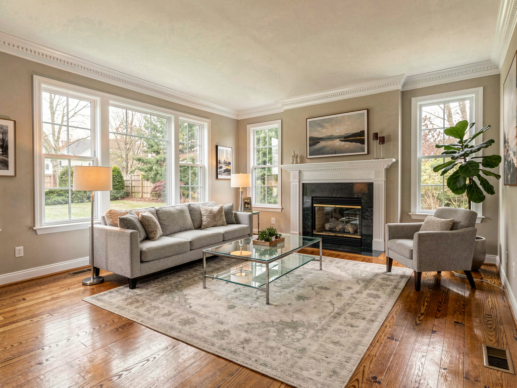 An empty living room virtually staged with modern furniture including a gray sectional, glass coffee table, and wall art