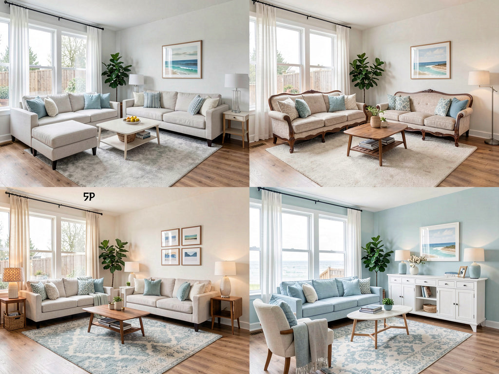A 2x2 grid showing the same empty living room staged in four different styles — modern, traditional, mid-century, and coastal