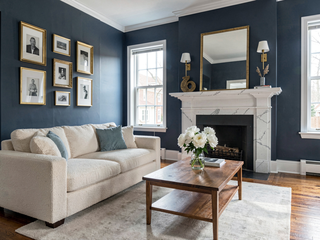 The same living room painted in a deep cool-blue palette