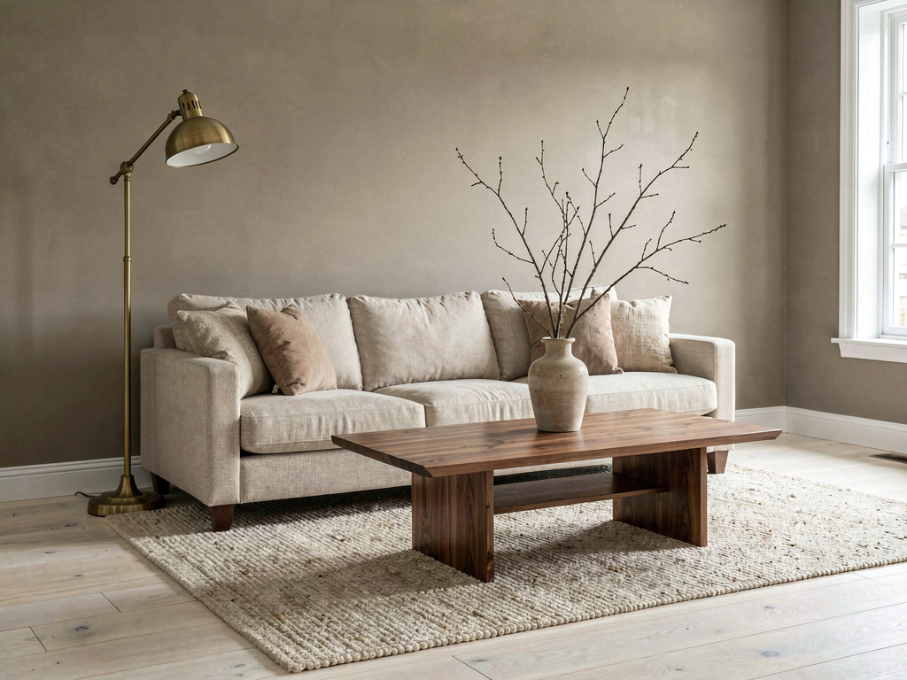 The same living room painted in a warm earthy neutral palette