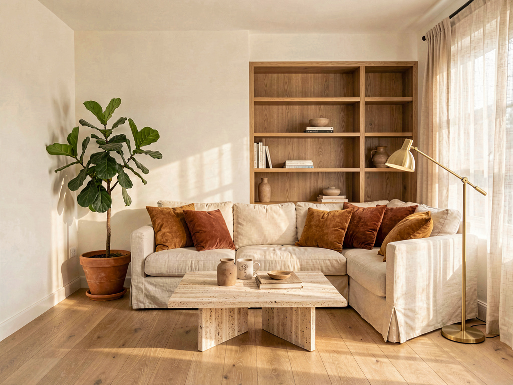 A living room painted in a warm-white palette