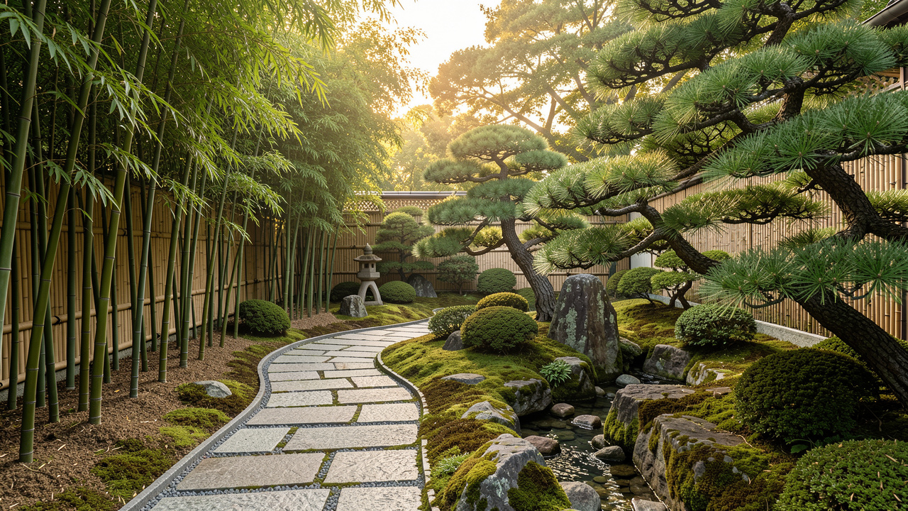 Japanese backyard design with curved stone path, bamboo groves, and sculpted pine trees generated by AI backyard design app