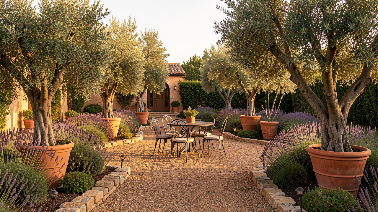 Mediterranean backyard design with terracotta planters, olive trees, and lavender-lined bistro seating produced by AI backyard design