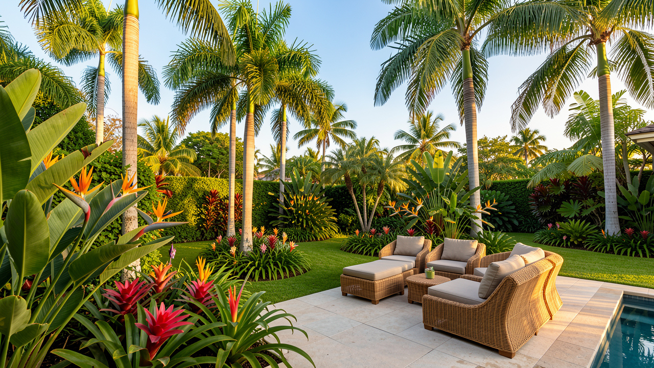 Tropical backyard design featuring tall palm trees, bird of paradise plants, and modern rattan lounge seating from AI backyard app