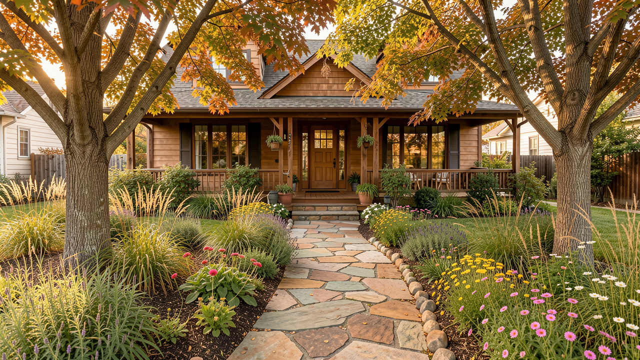 Craftsman front yard design with native plants, wildflower borders, and natural stone flagstone walkway from AI front yard design