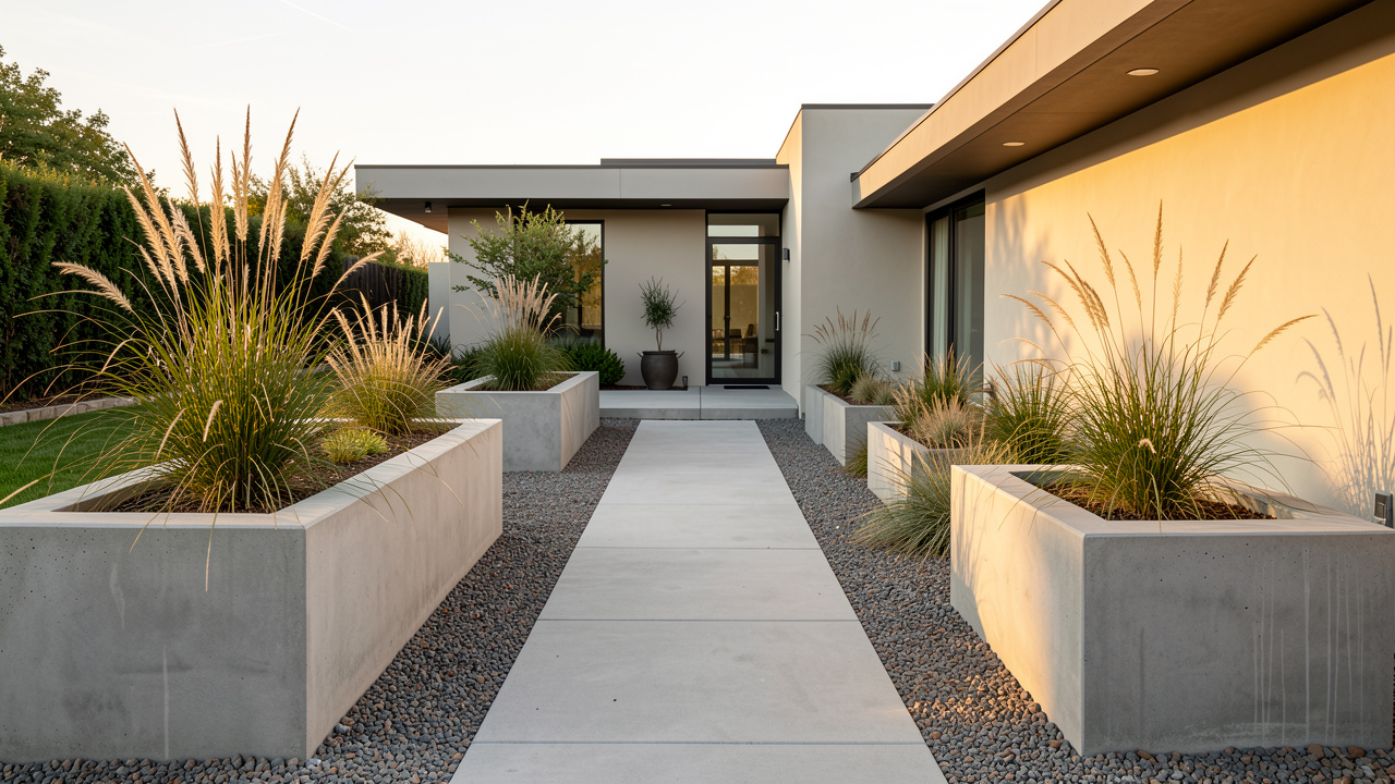 Modern minimal front yard design with geometric concrete planters, ornamental grasses, and clean straight walkway generated by AI front yard app