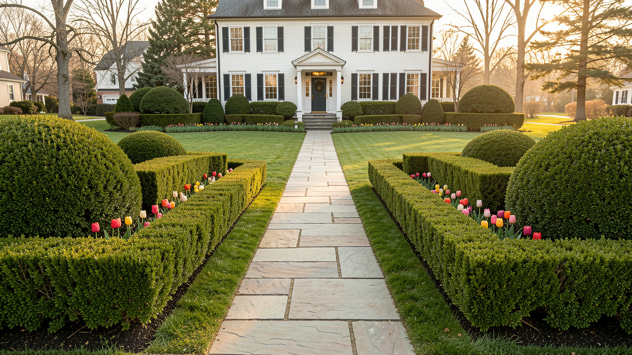Traditional front yard design with clipped boxwood hedges, symmetric planting beds, and stone walkway — the classic curb appeal look from AI front yard design