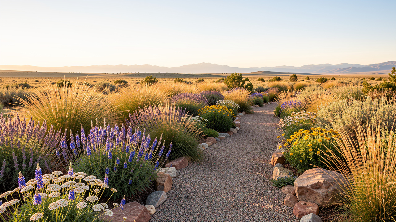 High plains xeriscape design with native bunch grasses, Russian sage, yarrow and stone accents produced by AI xeriscape design app