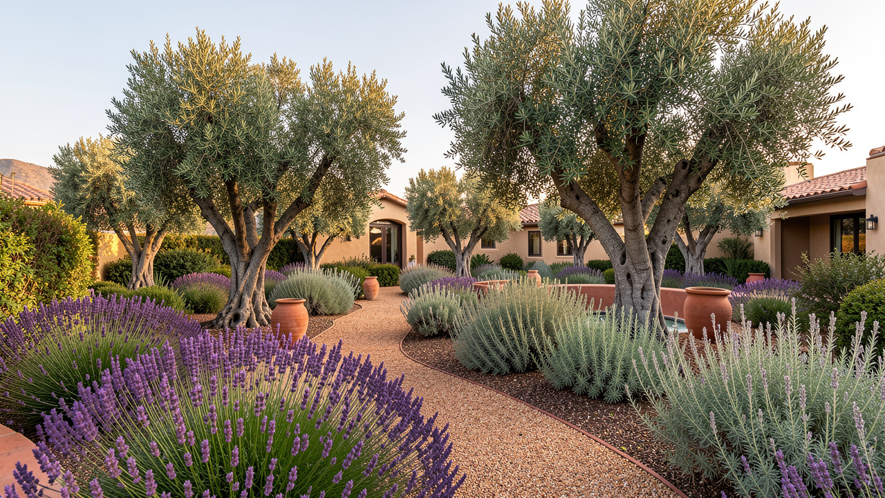Mediterranean xeriscape design featuring mature olive trees, purple lavender drifts, and warm gravel paths generated by AI xeriscape design