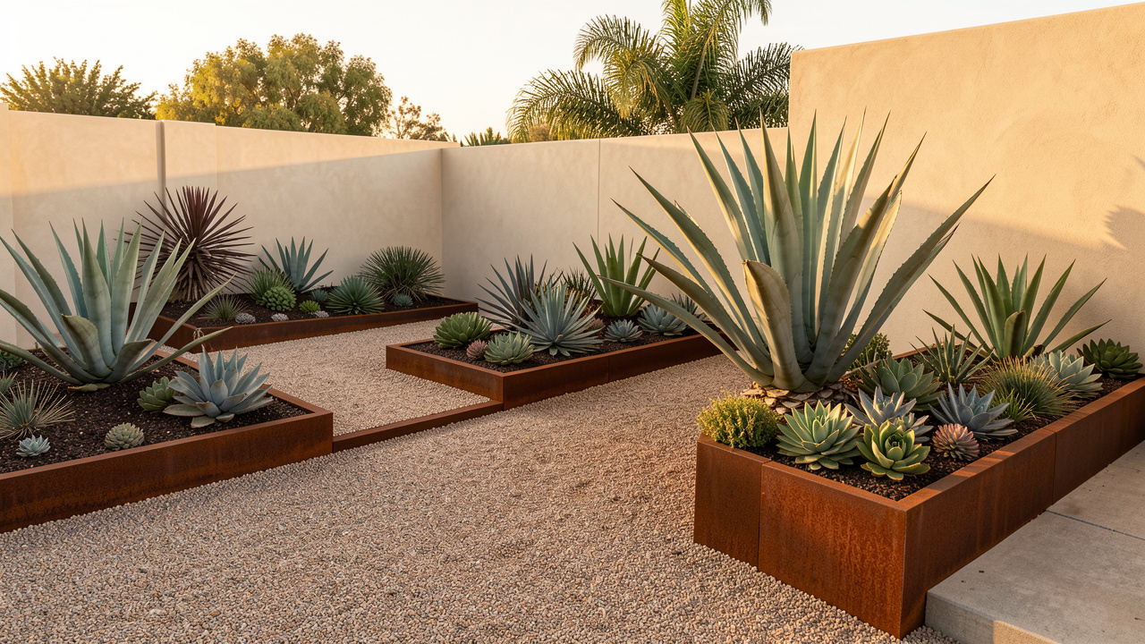 Modern minimalist xeriscape design with succulents, aloes, decomposed granite paths, and corten steel edging from AI xeriscape design app