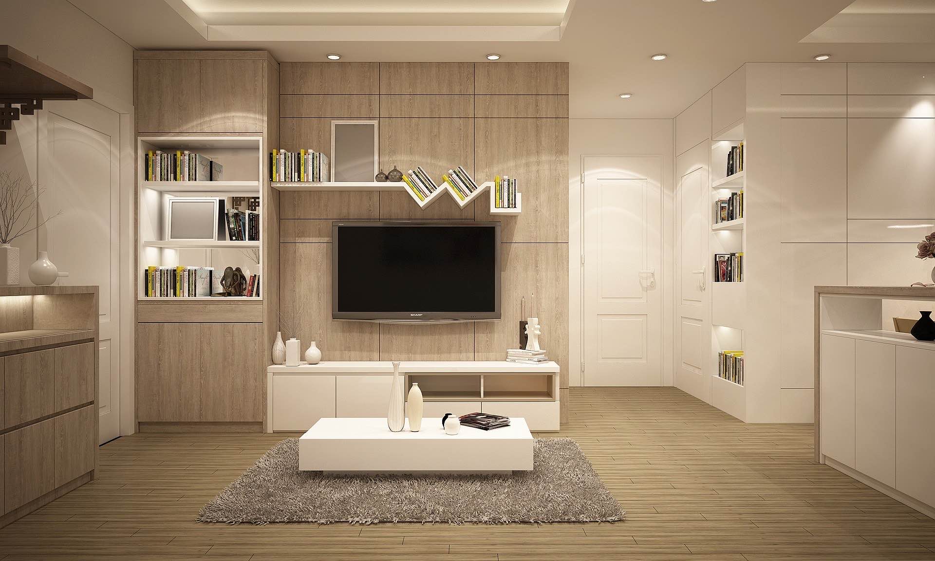 Mid-Century Living Room with exposed ceiling beams