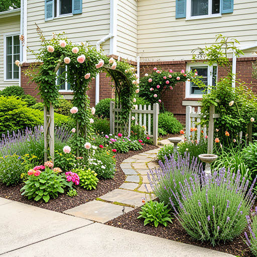Cottage Landscape with stone terrace stepping down the slope