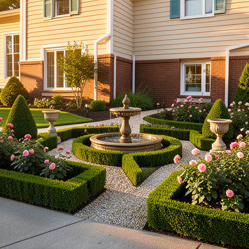 Garden and landscape design generated alongside a home exterior render