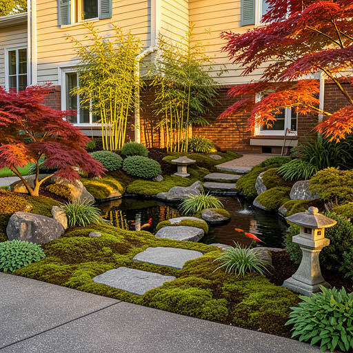 Japanese Garden with raised beds along the fence