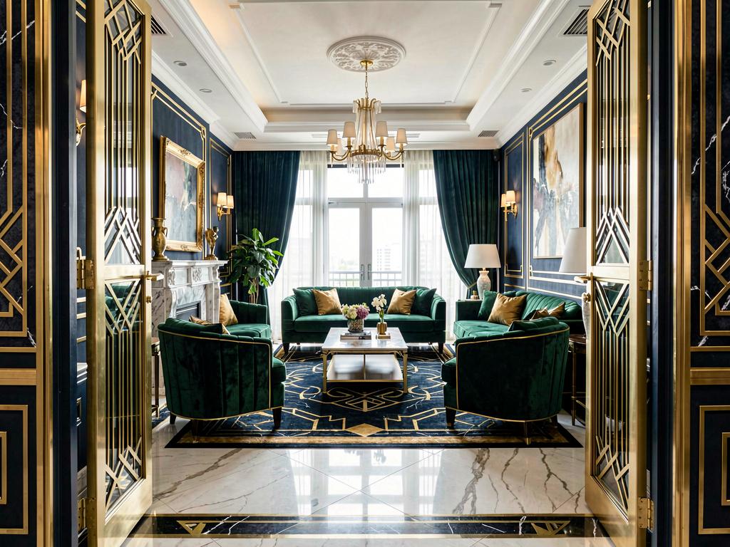 Art Deco Living room wide angle view