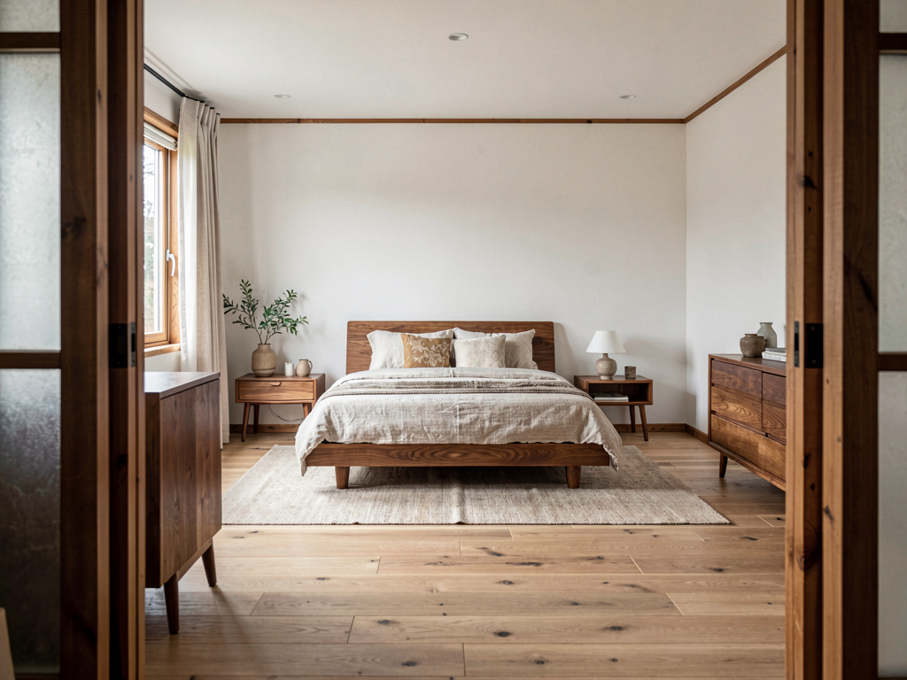 Japandi Bedroom wide angle view