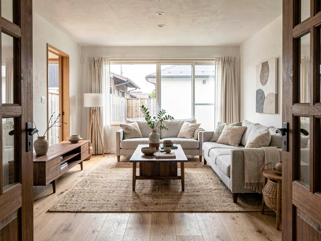 Japandi Living room wide angle view