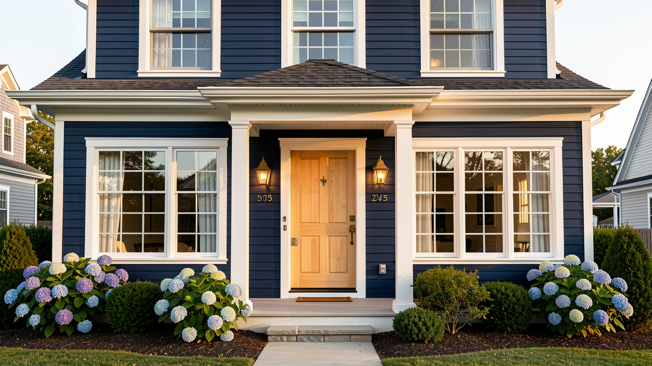 House exterior painted in Classic Navy palette — body Hale Navy (BM HC-154), trim Simply White (BM OC-117)