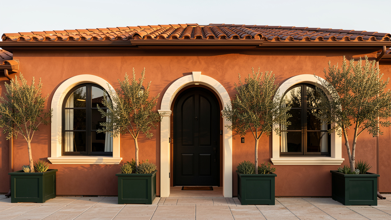 House exterior painted in Clay Terra-cotta palette — body Cavern Clay (SW 7701), trim Creamy (SW 7012)