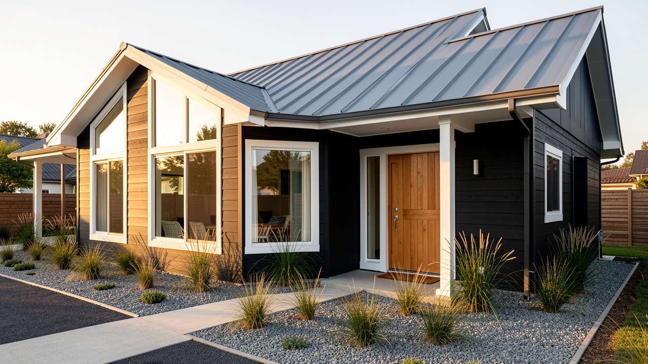 House exterior painted in Modern Black palette — body Iron Ore (SW 7069), trim Pure White (SW 7005)