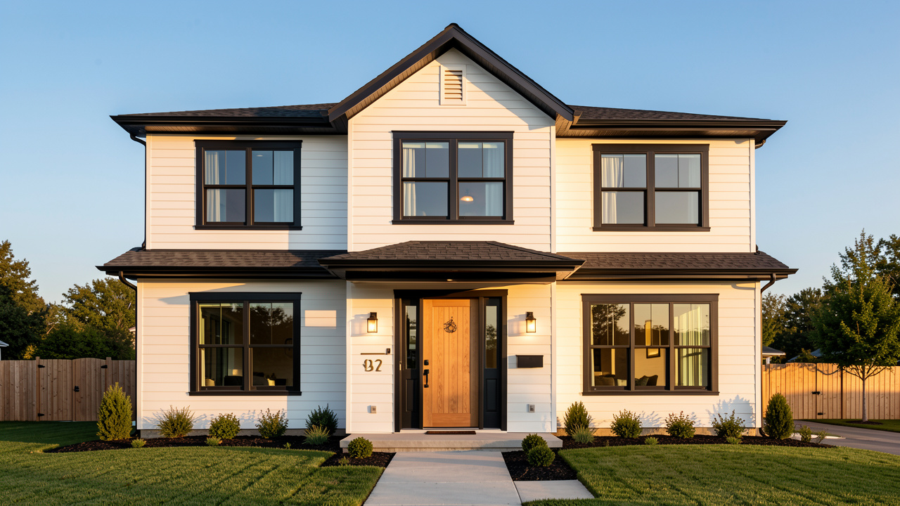 House exterior painted in Modern White + Black palette — body Alabaster (SW 7008), trim Iron Ore (SW 7069)
