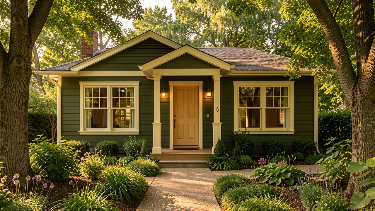 House exterior painted in Mountain Green palette — body Dried Thyme (SW 6186), trim Roman Column (SW 7562)