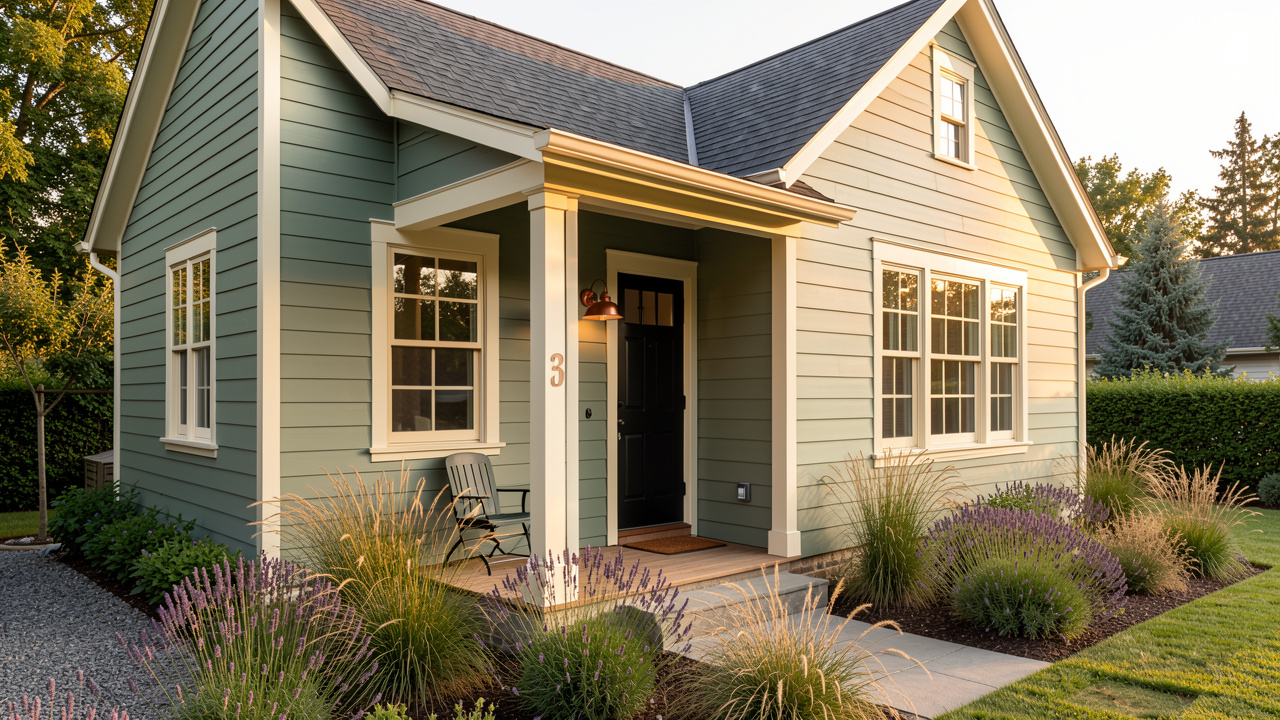 House exterior painted in Sage + Cream palette — body Evergreen Fog (SW 9130), trim Alabaster (SW 7008)