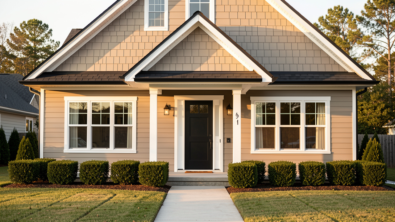 House exterior painted in Soft Greige palette — body Accessible Beige (SW 7036), trim Pure White (SW 7005)